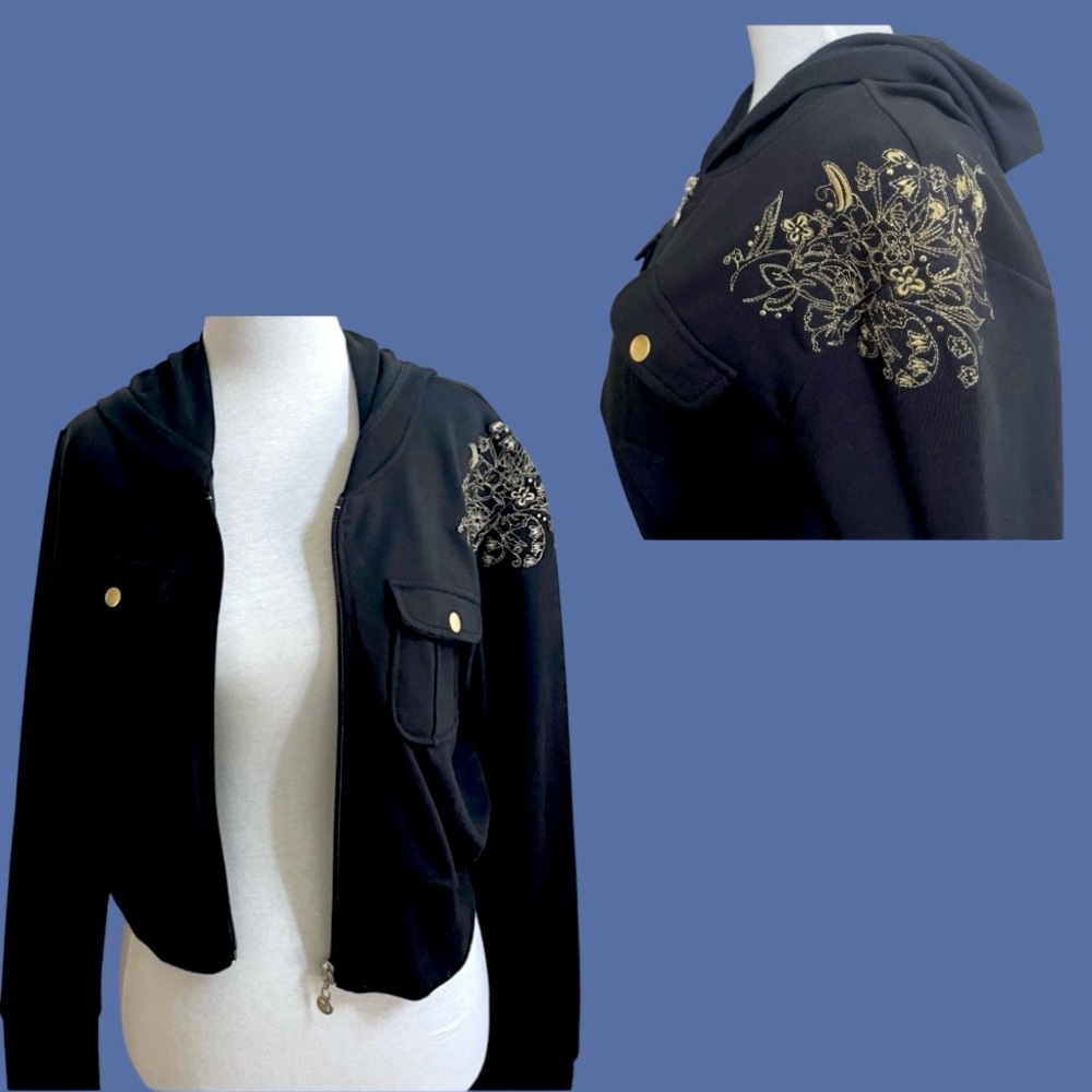 Crest Black Cropped Sweatshirt Hoodie Size XL Gold Embellished Shoulder - Picture 7 of 9